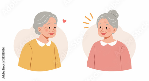 Smiling Elderly Asian Women Displaying Affection Against Neutral Background/