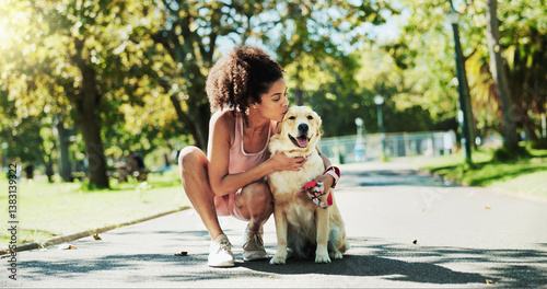 Canvas Print Woman, walk and dog in park, kiss and break for fitness with care, hug and outdoor in summer with loyalty