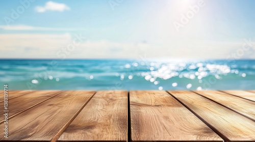 Wooden deck with ocean view background for summer vacation travel beach resort product display mockup template