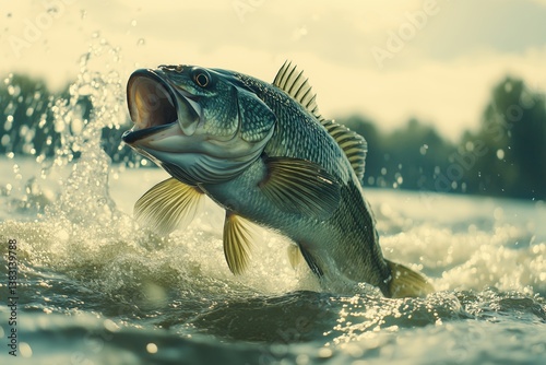 Large Bass Fish Leaps out of the Water During Summer Morning in a Scenic Lake