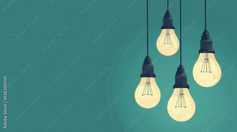 Hanging light bulbs on teal background with copy space for text, Background illustration with copy space, blank and empty area, negative space for text or content placement Hanging light bulbs on teal background with copy space for text, Background illustration with copy space, blank and empty area, negative space for text or content placement