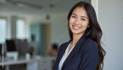 Modern portrait headshot of a friendly ceo executive business worker: A smiling Asian businesswoman in a dark suit confidently looks towards the camera in a modern office setting. Free Download Modern portrait headshot of a friendly ceo executive business worker: A smiling Asian businesswoman in a dark suit confidently looks towards the camera in a modern office setting. - GFXLoad