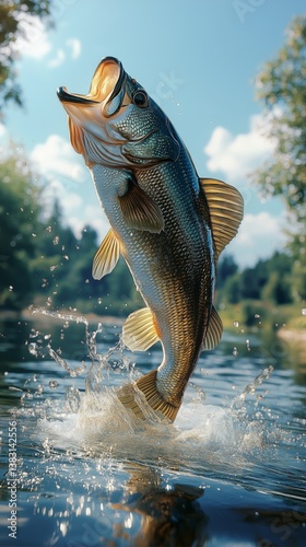 Large Bass Jumping out of the Water in a Serene Natural Environment During Br...