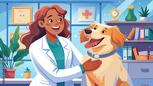 A woman in a white coat shares a joyful moment with a happy dog in a veterinary clinic, highlighting care and companionship.