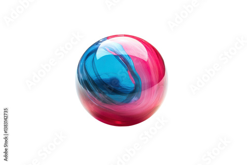 Striking marbled orb resting on a light surface, showcasing vibrant red and blue hues