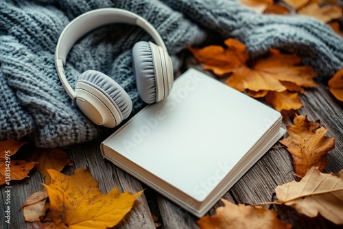 Cozy Reading Nook on a Soft Blanket Surrounded by Autumn Leaves and Headphone...