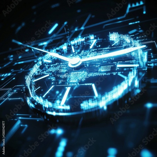 Concept of time: clock hands morphing into digital data streams