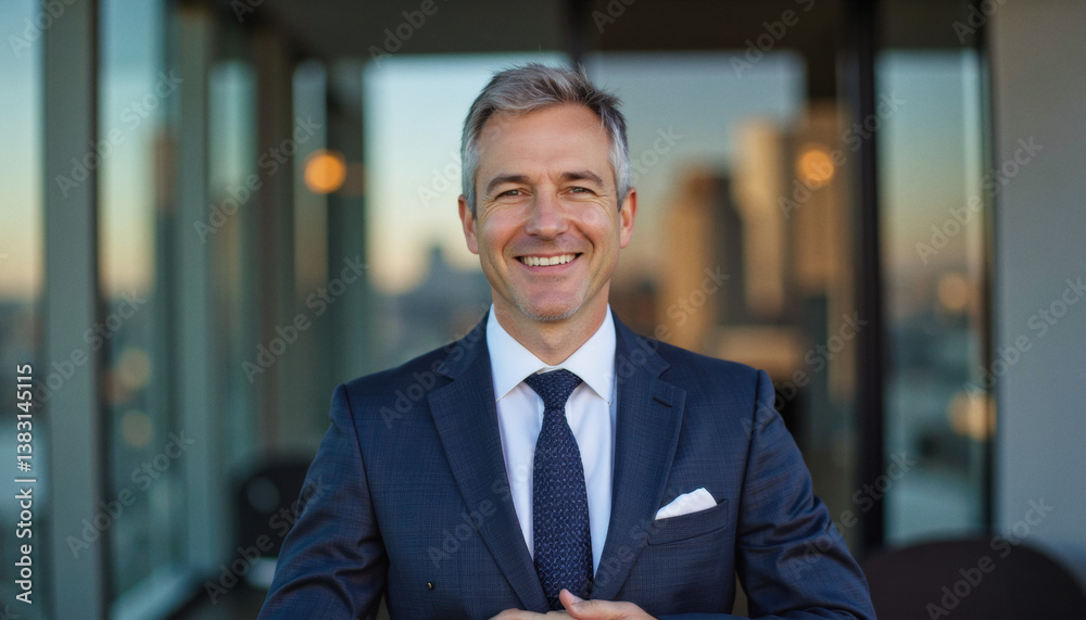 Fototapeta premium Modern portrait headshot of a friendly ceo executive business worker: A smiling, middle-aged Caucasian man in a navy suit looks directly at the camera while seated indoors with a city skyline visibl