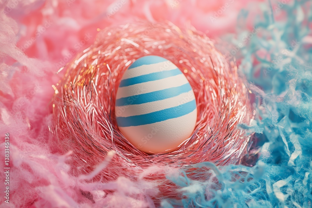 Fototapeta premium Colorful Easter Egg Resting in Pink and Blue Shredded Paper