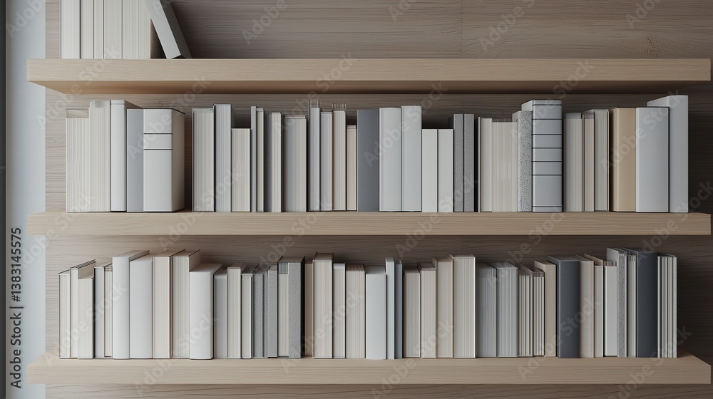 Organized books and folders on a shelf, showcasing simplicity and order in a minimalist workspace Organized books and folders on a shelf, showcasing simplicity and order in a minimalist workspace