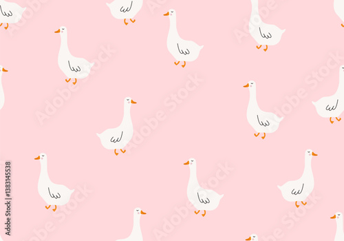 Goose farm animals seamless vector pattern. Cute geese seamless pattern. Seamless pattern with geese. Cute cartoon characters