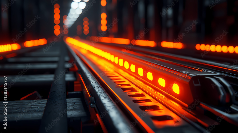 A close-up view of illuminated tracks, featuring glowing orange lights against a dark background, creating a striking industrial aesthetic. A close-up view of illuminated tracks, featuring glowing orange lights against a dark background, creating a striking industrial aesthetic.