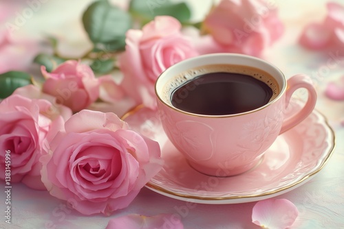 Coffee Cup Surrounded by Pink Roses on a Soft Fabric Surface in Morning Light