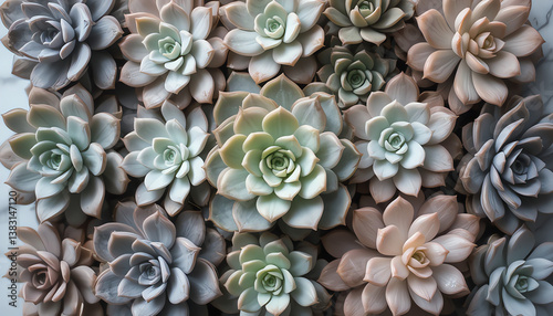 Succulent close-up - Geometric arrangement of echeveria succulents in muted pastels