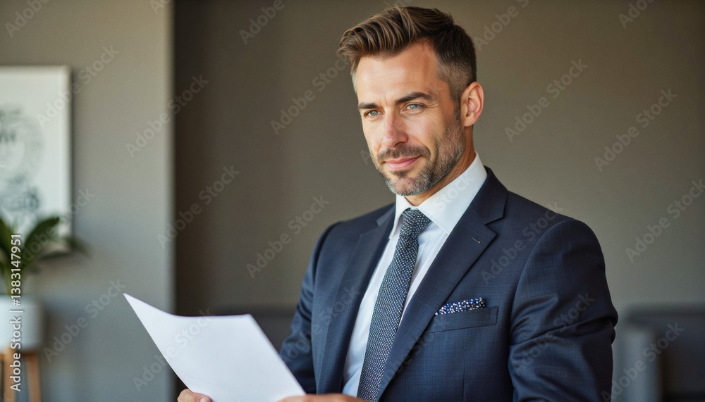 Modern portrait headshot of a friendly ceo executive business worker: A confident businessman in a dark suit and tie holds papers while looking directly at the viewer, projecting an air of professio Modern portrait headshot of a friendly ceo executive business worker: A confident businessman in a dark suit and tie holds papers while looking directly at the viewer, projecting an air of professio