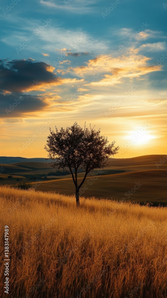 Obraz premium Solitary Tree at Sunset in Rolling Hills Landscape Photography