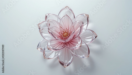 Transparent flower (glass-like) on white, surreal and futuristic
