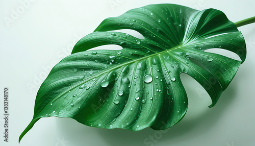 Tropical leaves - Monstera leaf with water droplets on pure white background