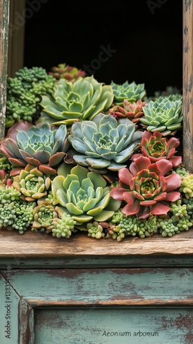 Colorful Succulents Thriving in a Rustic Window Box During Sunny Afternoon