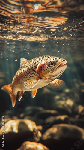 Trout Swimming Gracefully in Clear Underwater Environment With Sunlight Rays ...