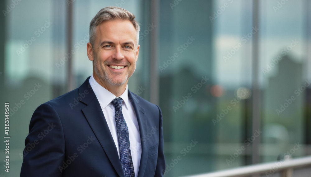Modern portrait headshot of a friendly ceo executive business worker: A confident, middle-aged man in a dark suit smiles warmly at the camera while standing in front of a modern glass building. Modern portrait headshot of a friendly ceo executive business worker: A confident, middle-aged man in a dark suit smiles warmly at the camera while standing in front of a modern glass building.