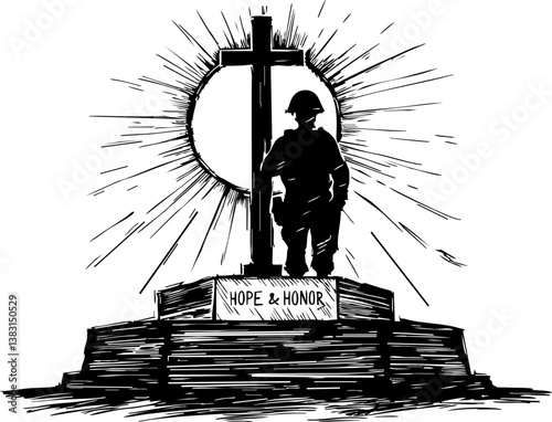 Memorial day tribute cemetery graphic somber environment side view honoring fallen heroes