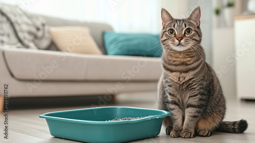 Tabby Cat by Litter Box. A tabby cat sitting by a teal litter box in a cozy living room. Ideal for pet care.