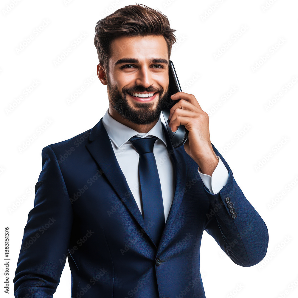 Naklejka premium A smiling man in a suit holding a telephone receiver against a black isolated studio background