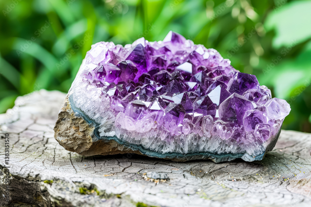 Large purple crystal sits on a wooden surface Large purple crystal sits on a wooden surface
