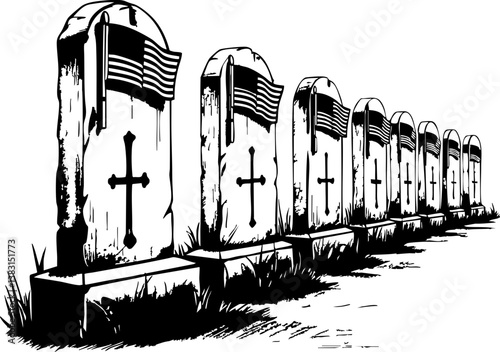 Memorial day tribute cemetery illustration somber atmosphere side view honoring sacrifice