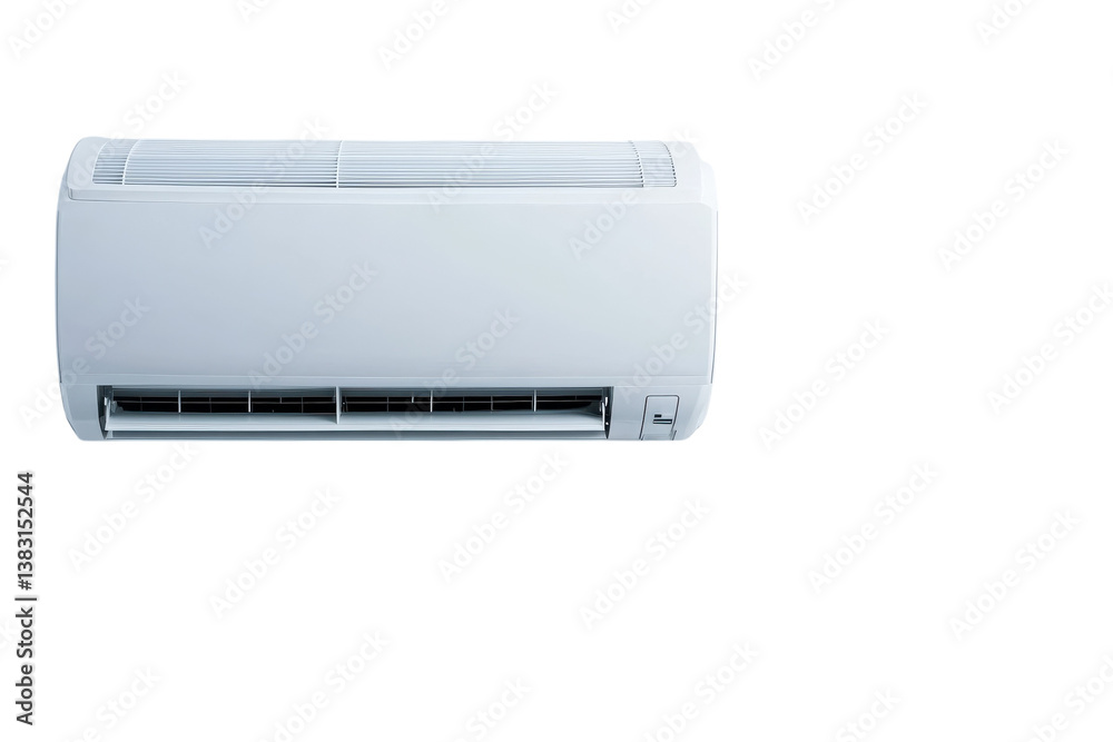 Modern air conditioning unit mounted on a white wall providing cool air on a warm summer day Modern air conditioning unit mounted on a white wall providing cool air on a warm summer day