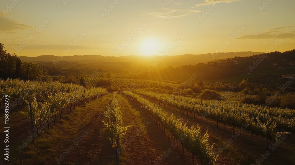 Fototapeta premium A beautiful vineyard landscape at golden hour during a sunset