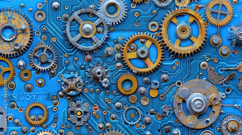 Intricate clockwork gears on a vibrant blue circuit board background; a mesmerizing blend of vintage mechanics and modern technology. Intricate clockwork gears on a vibrant blue circuit board background; a mesmerizing blend of vintage mechanics and modern technology.