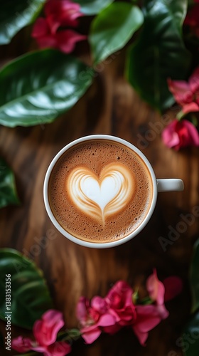 Delicate Heart-Shaped Latte Art in White Cup Surrounded by Pink Flowers and G...