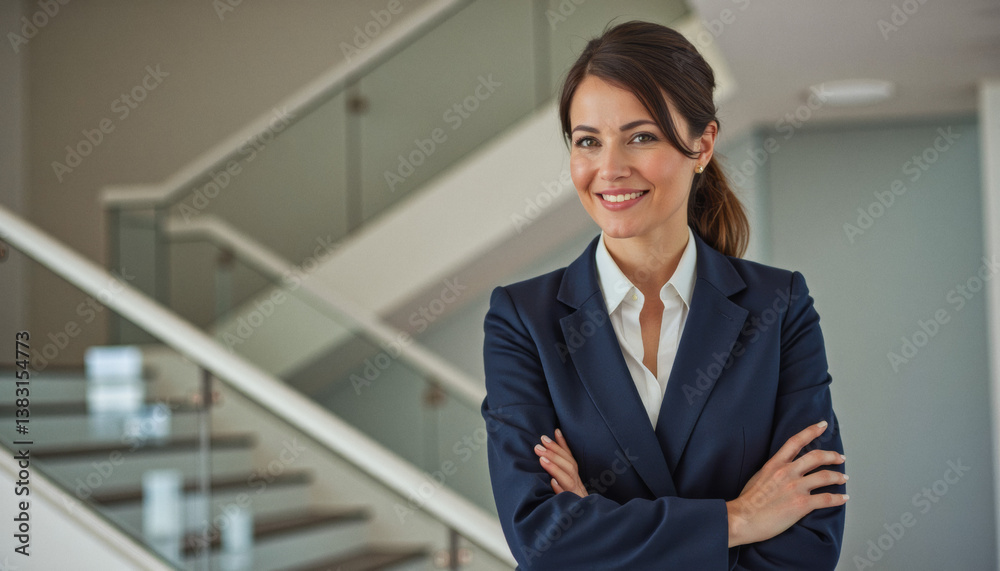 Modern portrait headshot of a friendly ceo executive business worker: A confident businesswoman with dark hair stands with her arms crossed in a modern office building, radiating professionalism. Modern portrait headshot of a friendly ceo executive business worker: A confident businesswoman with dark hair stands with her arms crossed in a modern office building, radiating professionalism.