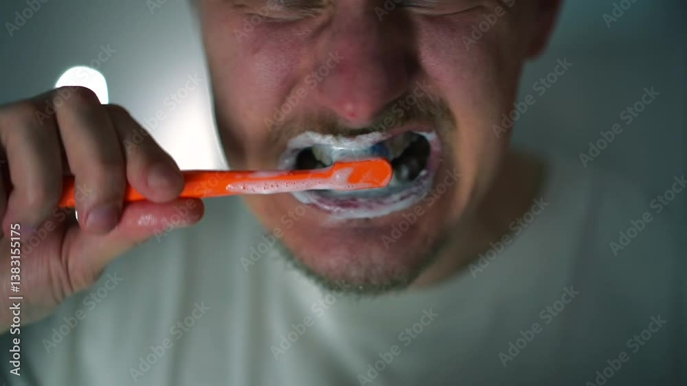 Un hombre se cepilla los dientes en el baño.
Salud dental.
Higiene bucal.
Procedimientos matutinos.
Cepillo de dientes y pasta de dientes en las manos de una persona.