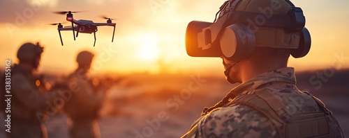 Soldier wearing vr headset controlling drone with military team at sunset