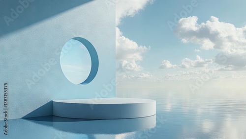 Light blue podium on a placid body of water with a sky view