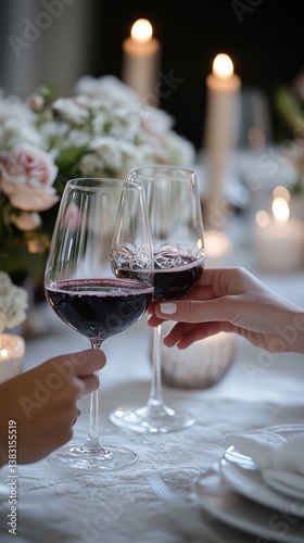 Toasting With Red Wine at an Elegant Dinner Table Surrounded by Candles and F...