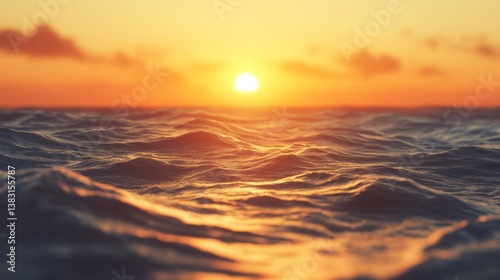 Beautiful ocean waves at sunset with golden light on the horizon