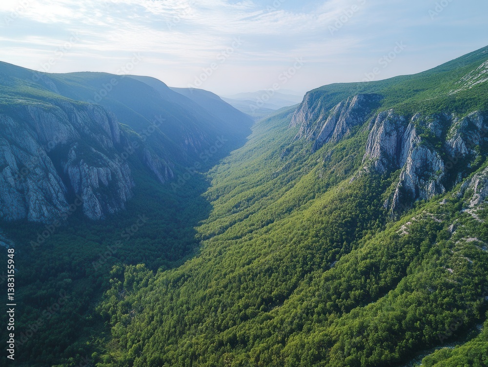 Naklejka premium Majestic aerial view of a deep green valley nestled between rugged mountains under a serene blue sky, creating a sense of peace and natural wonder