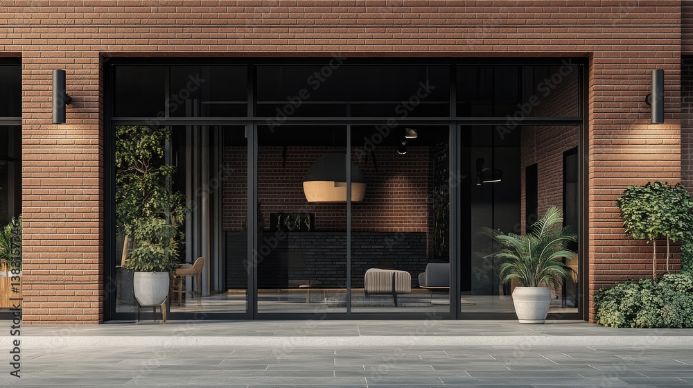 Fototapeta premium Classic brick storefront with large windows showcasing stylish decor.