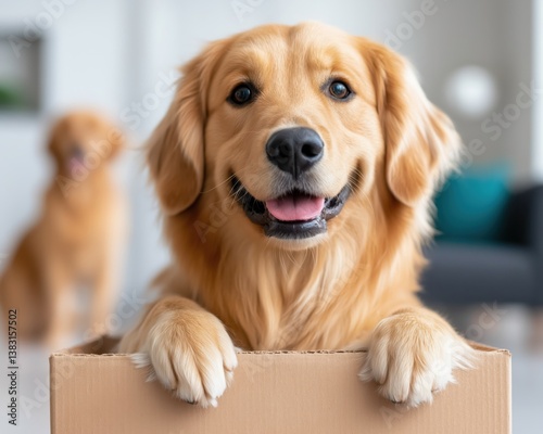 Happy dog enjoys moving day in a cozy living room filled with packing supplies