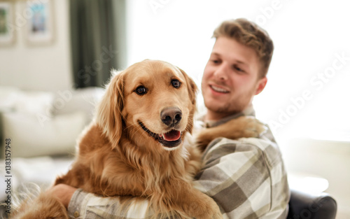 Wallpaper Mural Portrait of a young man on the livingroom with golden retriever dog indoors at home. Torontodigital.ca