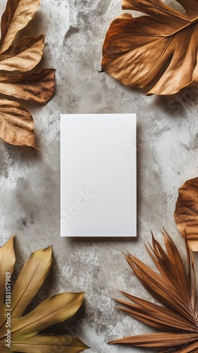 Blank Canvas Surrounded by Palm Leaves on a Textured Surface in Natural Light