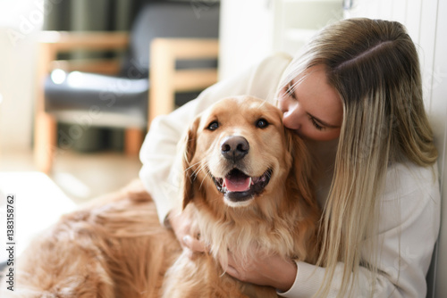 Wallpaper Mural Portrait of a young woman on the livingroom with golden retriever dog indoors at home. Torontodigital.ca