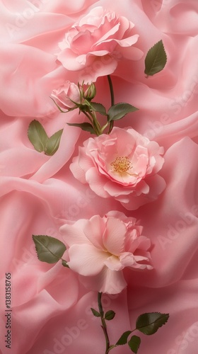 Pink Roses Arranged on Soft Fabric Create a Delicate and Elegant Composition ...