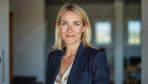 Modern portrait headshot of a friendly ceo executive business worker: A blonde woman in a navy blue blazer and silk camisole confidently looks at the camera, standing indoors with a blurred backgrou Free Download Modern portrait headshot of a friendly ceo executive business worker: A blonde woman in a navy blue blazer and silk camisole confidently looks at the camera, standing indoors with a blurred backgrou - GFXLoad