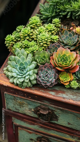 Colorful Succulents Thriving in a Rustic Window Box During Sunny Afternoon