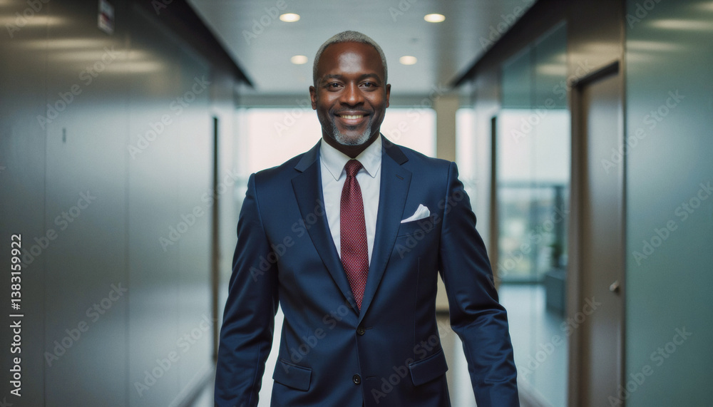 Modern portrait headshot of a friendly ceo executive business worker: A confident, distinguished Black man in a navy suit and red tie stands smiling in a modern office hallway. Modern portrait headshot of a friendly ceo executive business worker: A confident, distinguished Black man in a navy suit and red tie stands smiling in a modern office hallway.
